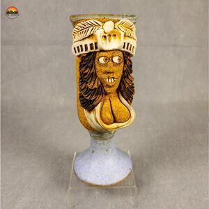 Studio Art Hand Made Whimsical Ceramic Chalice Stoneware Pottery Nude Goblet 8"